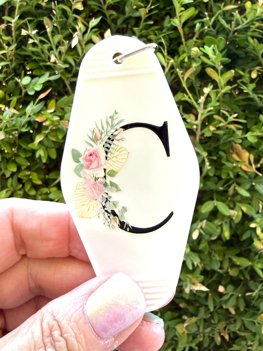 Vintage style motel key 3.5” keychain letter “C” initial feminine gift idea